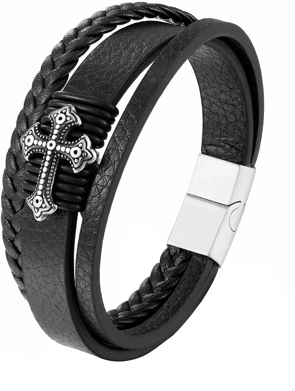 JO WISDOM Multi-Layer Braided Leather Cross Bracelets for Mens Cuff Bracelets Leather Bracelet Religious Leather Bracelets Jewelry Gift