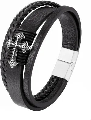 JO WISDOM Multi-Layer Braided Leather Cross Bracelets for Mens Cuff Bracelets Leather Bracelet Religious Leather Bracelets Jewelry Gift