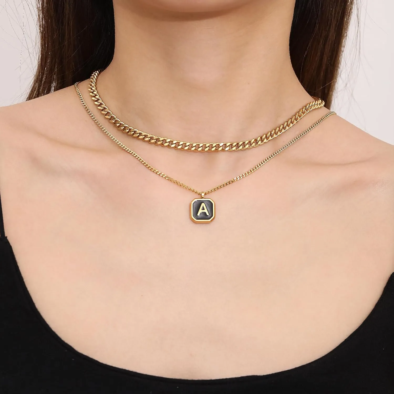 JSJOY Layered Initial Necklaces for Men Rope Chain Letter Initial A-Z Pendant Necklaces Chunky Cuban Chain Choker Graduation Gifts