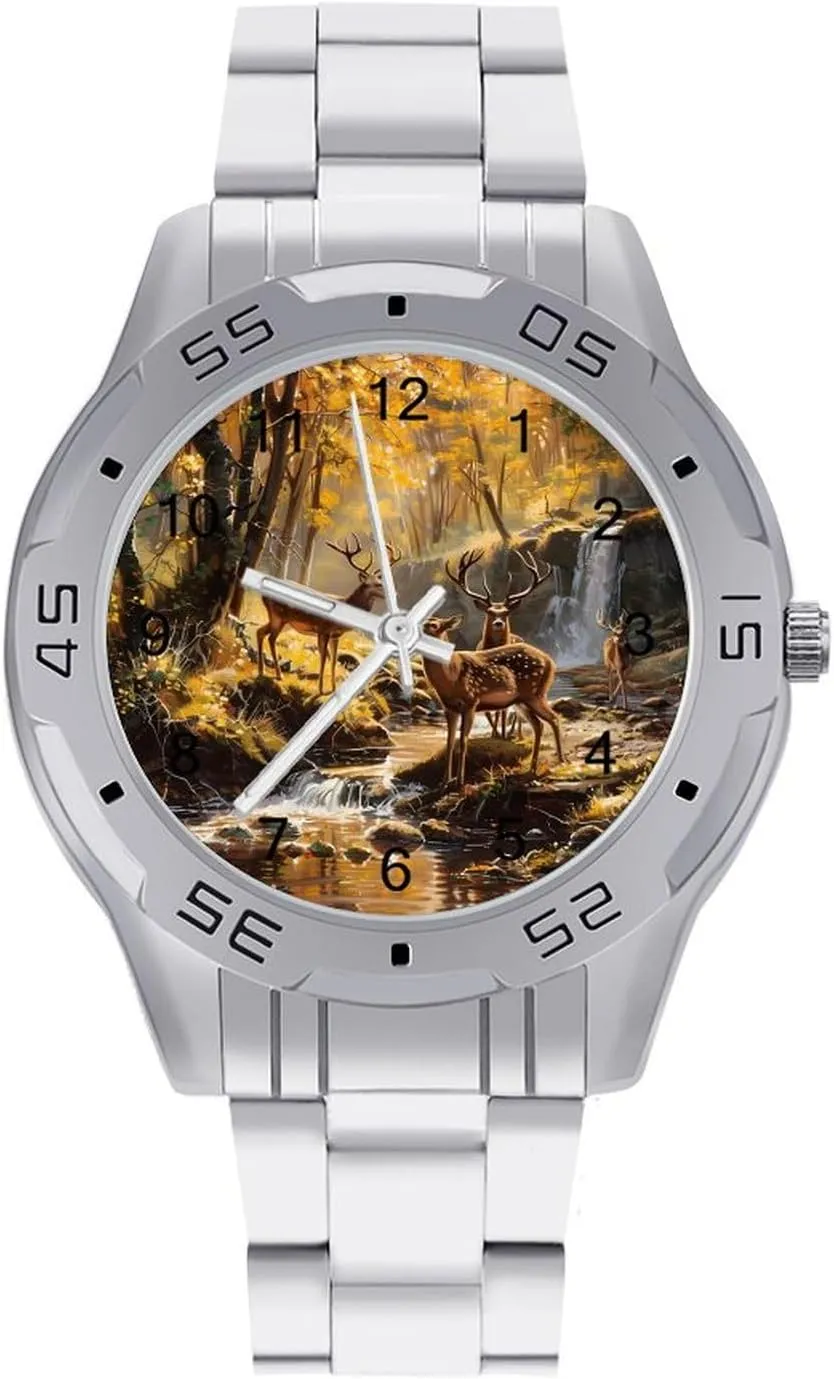 Jungle Hunting Deer Autumn Stream Classic Wrist Watches for Men Casual Business Dress Watch with Stainless Steel Band Work Party