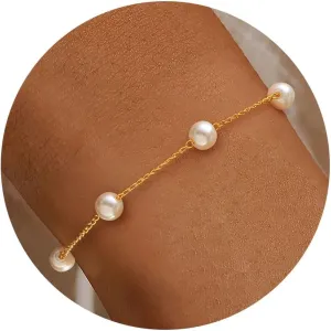 KAERUN Pearl Gold Bracelets for Women Trendy 14K Gold Plated Dainty Pearl Beaded Bracelet Adjustable Chain Bracelets Non Tarnish Bridesmaid Proposal Birthday Gifts for Women Jewelry