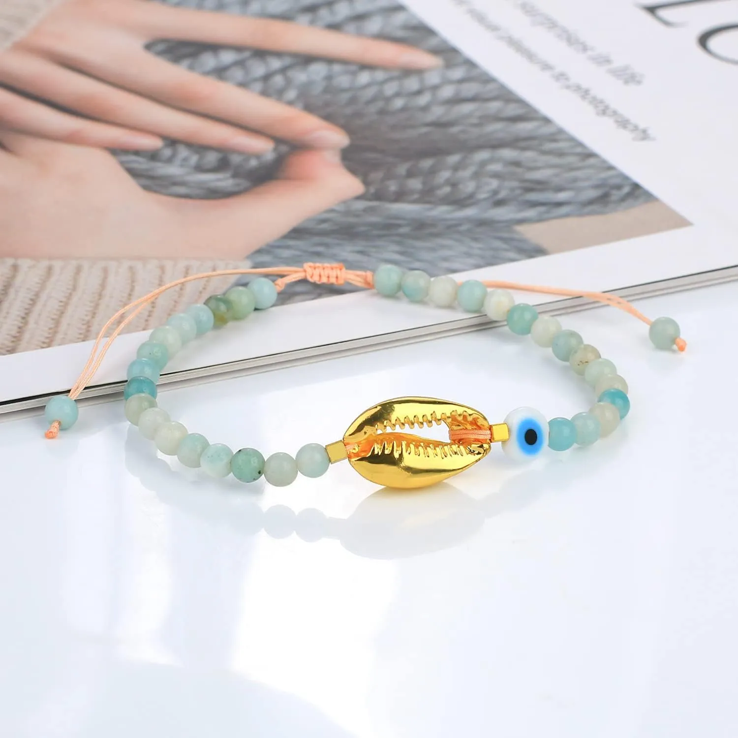KELITCH Turquoise Beaded Bracelet Gold Shell Charm Bracelets Women Thin Strand Bracelets For Women