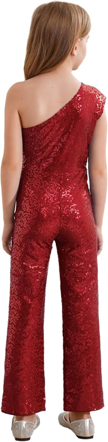 Kids Flower Girls Allover Sequins Jumpsuit One Shoulder Sleeveless Wide Leg Romper Long Pants