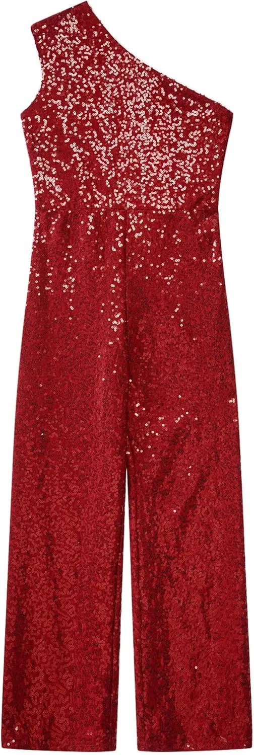 Kids Flower Girls Allover Sequins Jumpsuit One Shoulder Sleeveless Wide Leg Romper Long Pants