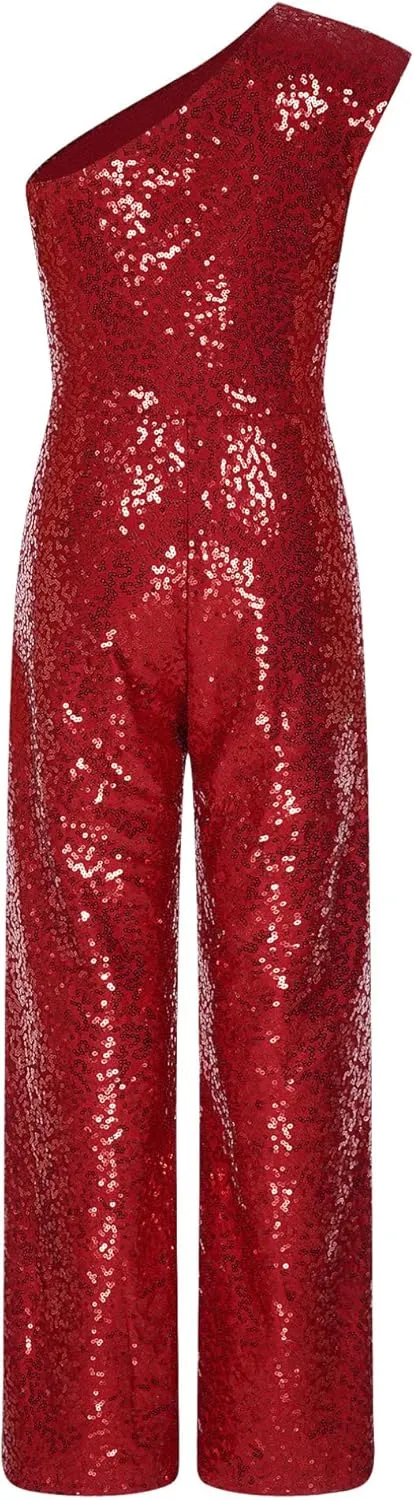 Kids Flower Girls Allover Sequins Jumpsuit One Shoulder Sleeveless Wide Leg Romper Long Pants