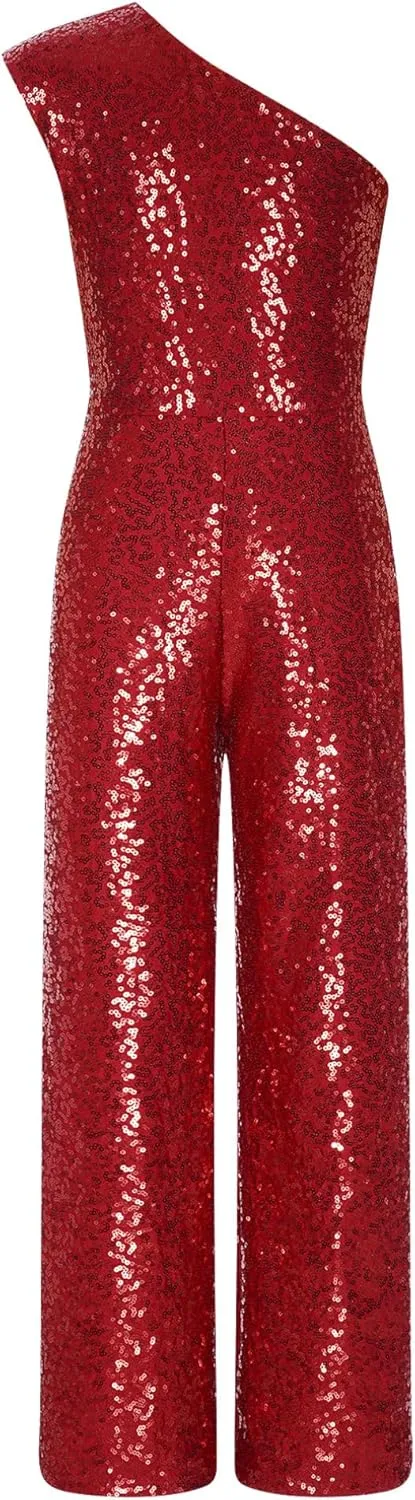 Kids Flower Girls Allover Sequins Jumpsuit One Shoulder Sleeveless Wide Leg Romper Long Pants