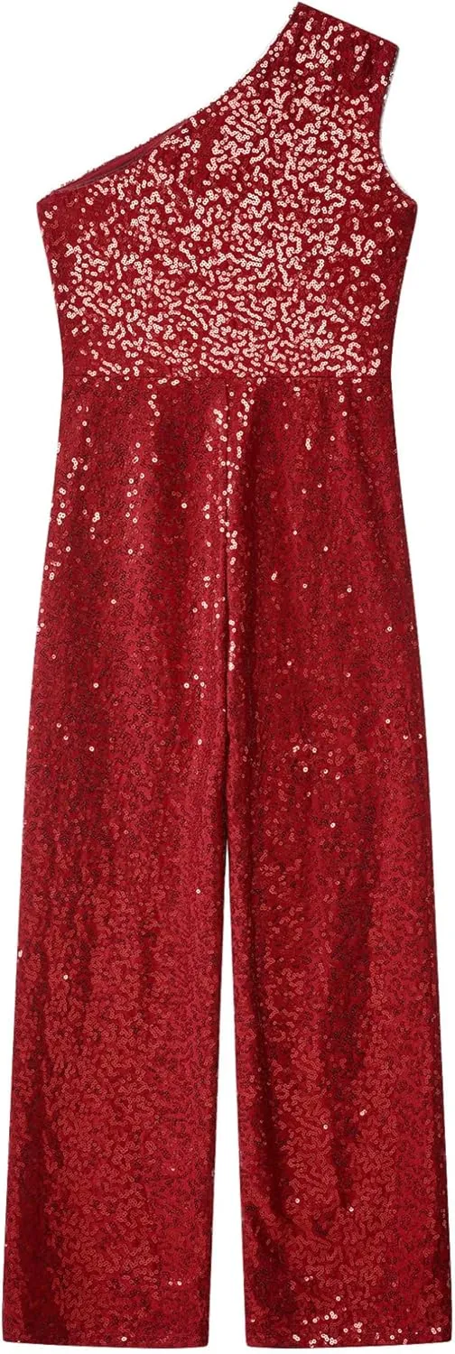 Kids Flower Girls Allover Sequins Jumpsuit One Shoulder Sleeveless Wide Leg Romper Long Pants