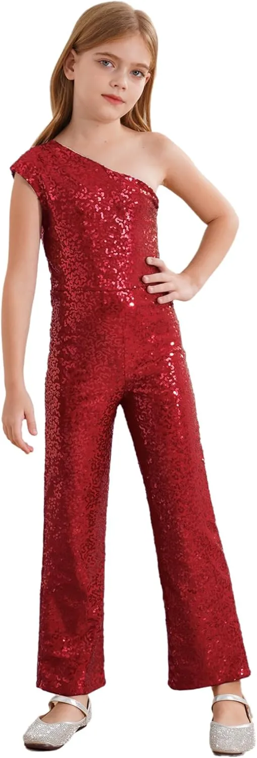 Kids Flower Girls Allover Sequins Jumpsuit One Shoulder Sleeveless Wide Leg Romper Long Pants