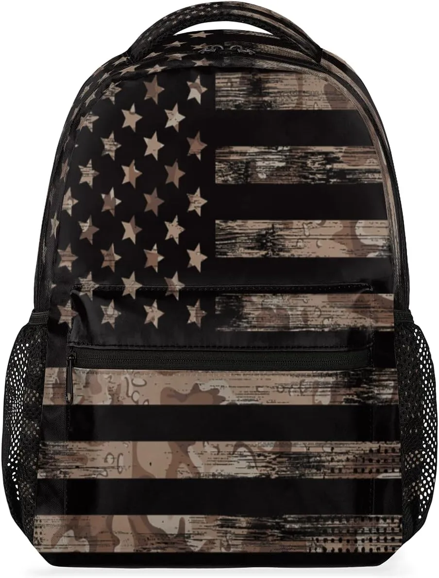 Kids School Backpack for Girls Boys Camo Flag School Bag Large Bookbag Lightweight Elementary Laptop Bag Travel Hiking Daypack