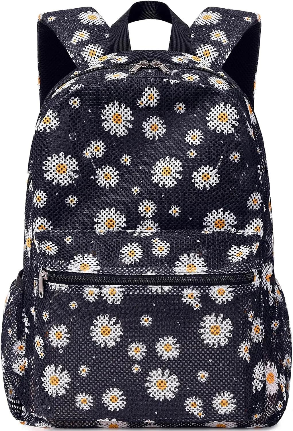Kimwadalh Daisy Black Mesh Backpack for Girls Women Semi-Transparent Laptop Backpack for Girls See Through Lightweight Backpack