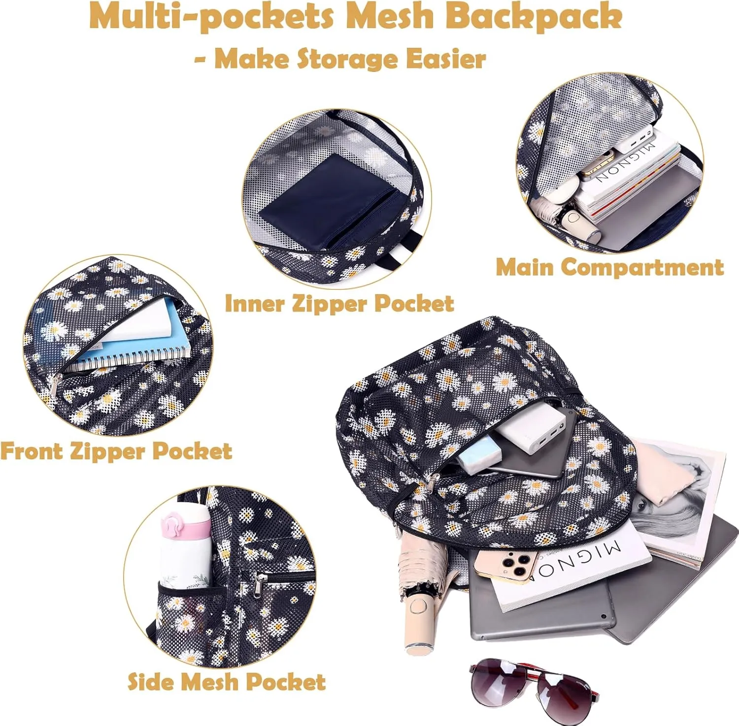 Kimwadalh Daisy Black Mesh Backpack for Girls Women Semi-Transparent Laptop Backpack for Girls See Through Lightweight Backpack