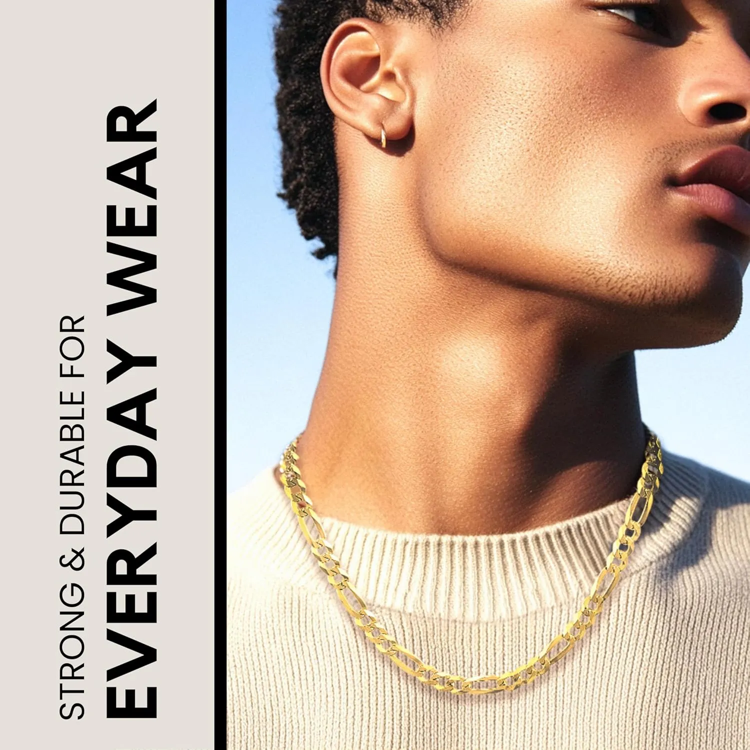 KISPER Mens Gold Chain Necklace - 18k Gold Necklace for Men, Solid Diamond-Cut Figaro Chain, 5mm Italian Sterling Silver Link Necklace with Lobster Clasp - Made in Italy