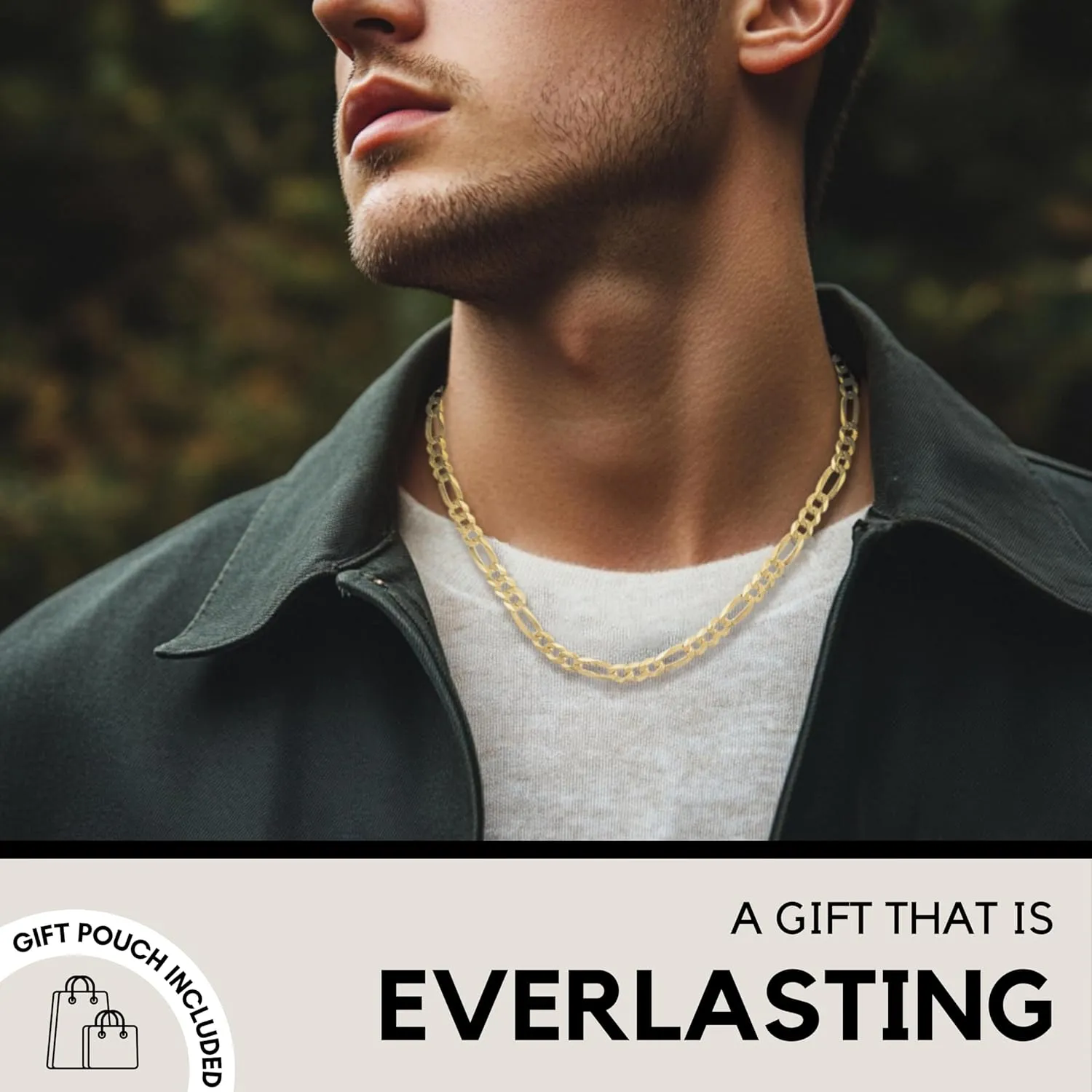 KISPER Mens Gold Chain Necklace - 18k Gold Necklace for Men, Solid Diamond-Cut Figaro Chain, 5mm Italian Sterling Silver Link Necklace with Lobster Clasp - Made in Italy