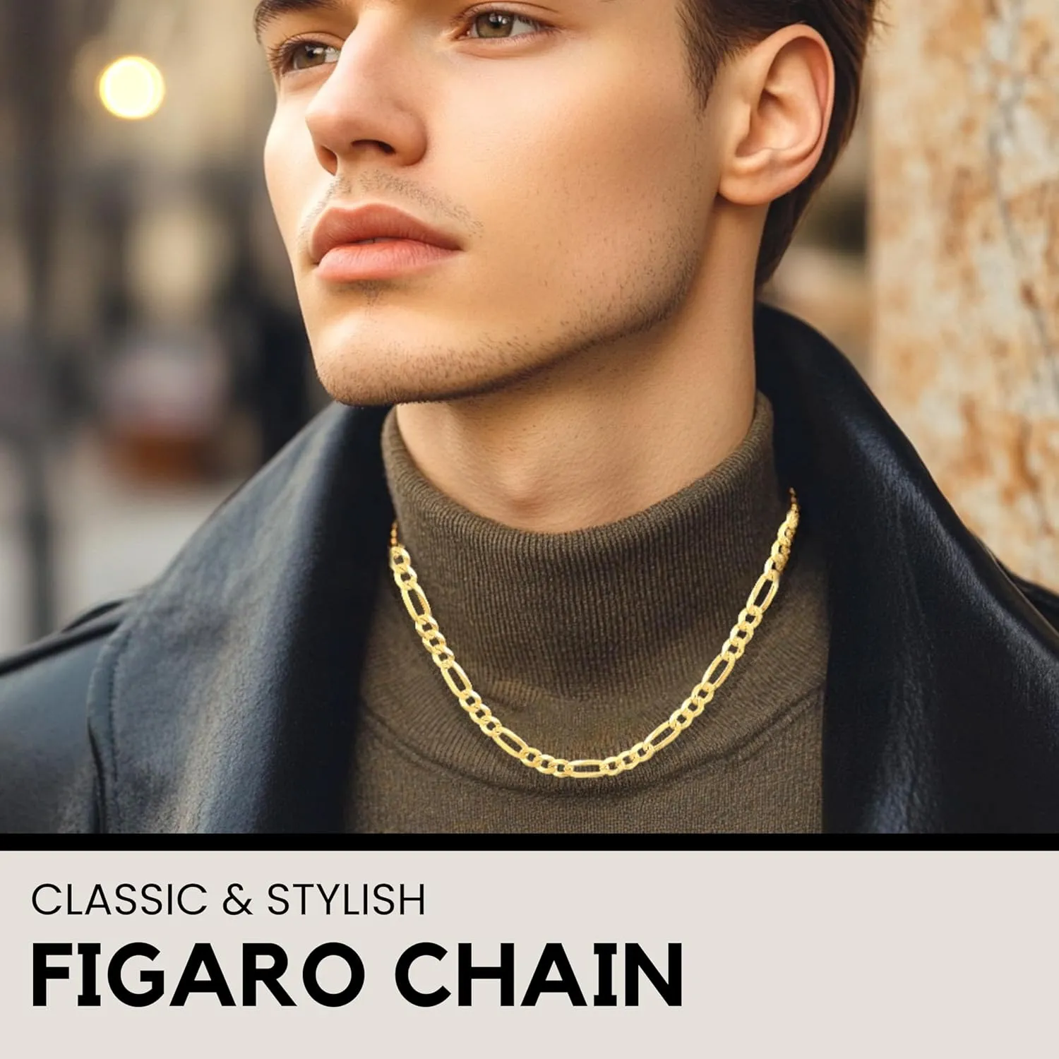 KISPER Mens Gold Chain Necklace - 18k Gold Necklace for Men, Solid Diamond-Cut Figaro Chain, 5mm Italian Sterling Silver Link Necklace with Lobster Clasp - Made in Italy