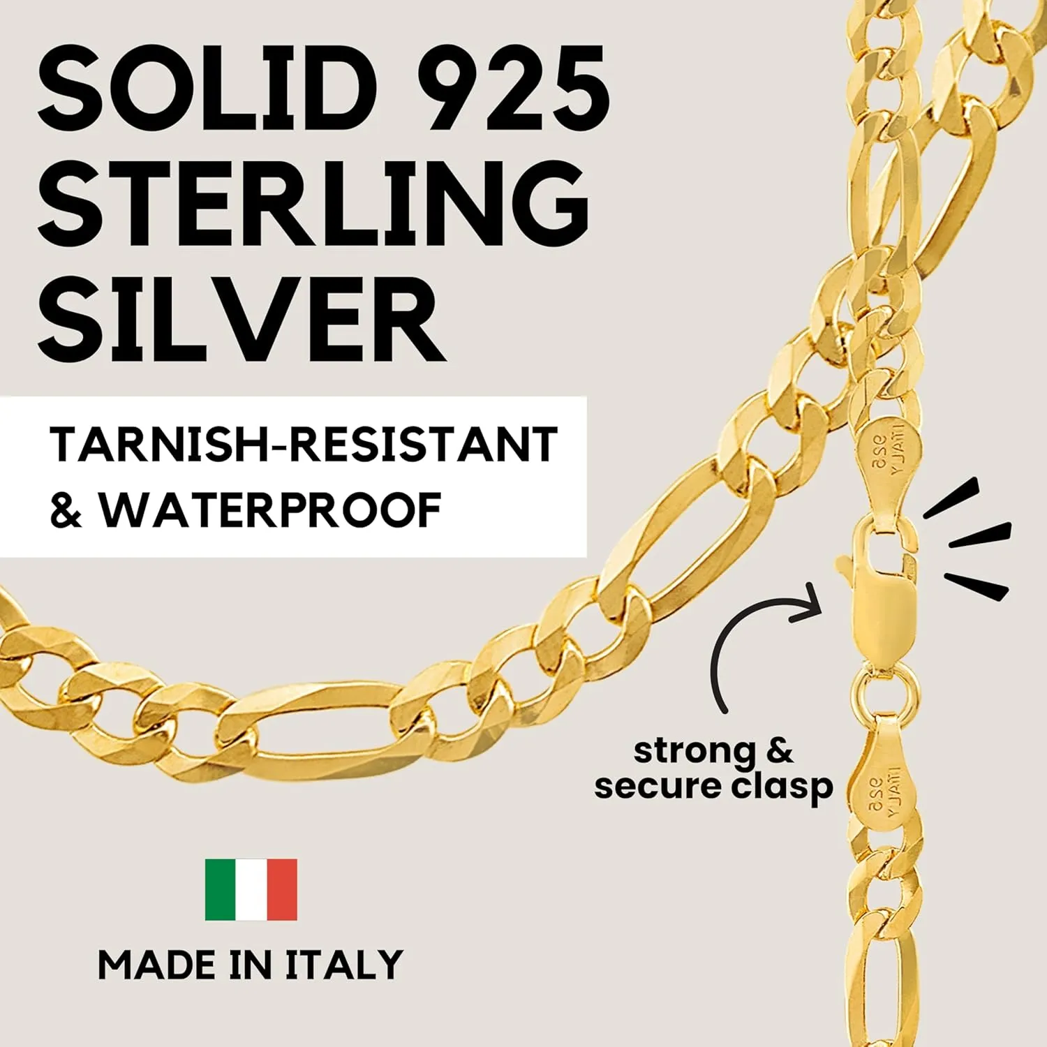 KISPER Mens Gold Chain Necklace - 18k Gold Necklace for Men, Solid Diamond-Cut Figaro Chain, 5mm Italian Sterling Silver Link Necklace with Lobster Clasp - Made in Italy