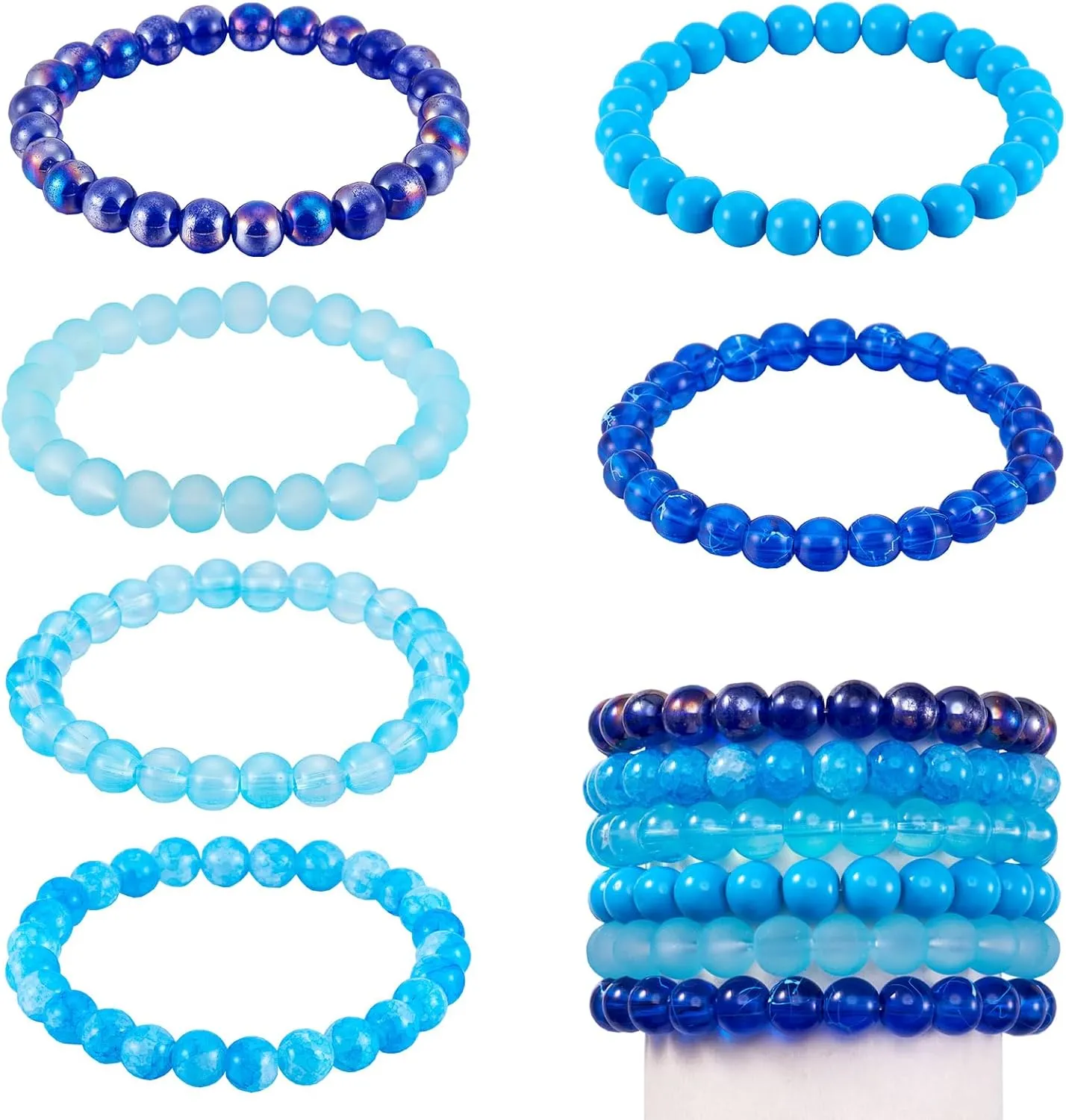 KISSITTY 6pcs 8mm Glass Crystal Bracelets Beaded Stretch Bracelet Sets Blue Color Adjustable Friendship Bracelets for Women Graduation Valentine Party Gift