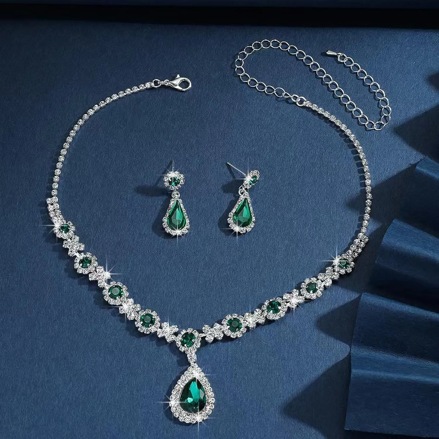 la luen Teardrop Birthstone Necklaces for Women, Rhinestone Drop Dangle Earrings Necklaces Set Oval Crystal Rhinestone Matching Wedding Jewelry Gifts for Wife Girlfriend