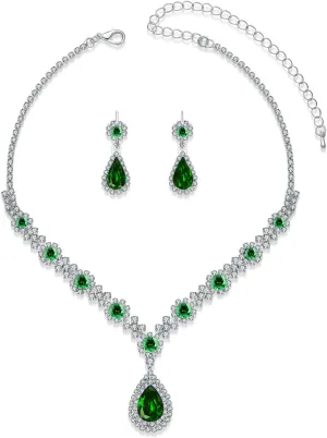 la luen Teardrop Birthstone Necklaces for Women, Rhinestone Drop Dangle Earrings Necklaces Set Oval Crystal Rhinestone Matching Wedding Jewelry Gifts for Wife Girlfriend