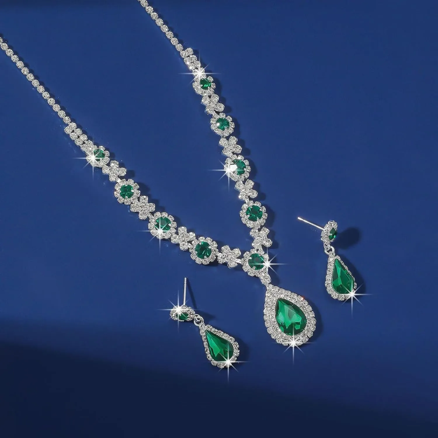 la luen Teardrop Birthstone Necklaces for Women, Rhinestone Drop Dangle Earrings Necklaces Set Oval Crystal Rhinestone Matching Wedding Jewelry Gifts for Wife Girlfriend