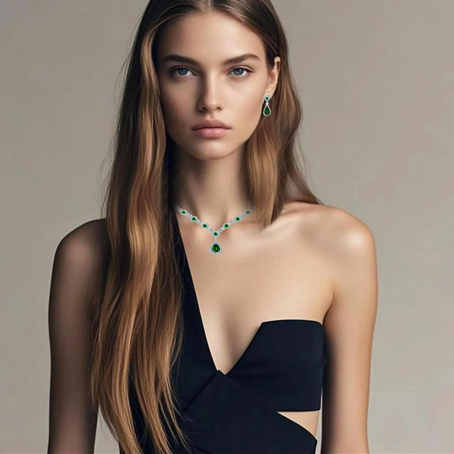 la luen Teardrop Birthstone Necklaces for Women, Rhinestone Drop Dangle Earrings Necklaces Set Oval Crystal Rhinestone Matching Wedding Jewelry Gifts for Wife Girlfriend