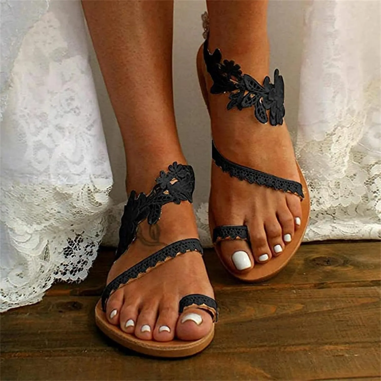 Ladmiple Sandals Women Dressy Summer Floral Beaded Open Toe Gladiator Sandal Causal Beach Travel Slippers Flats Shoes