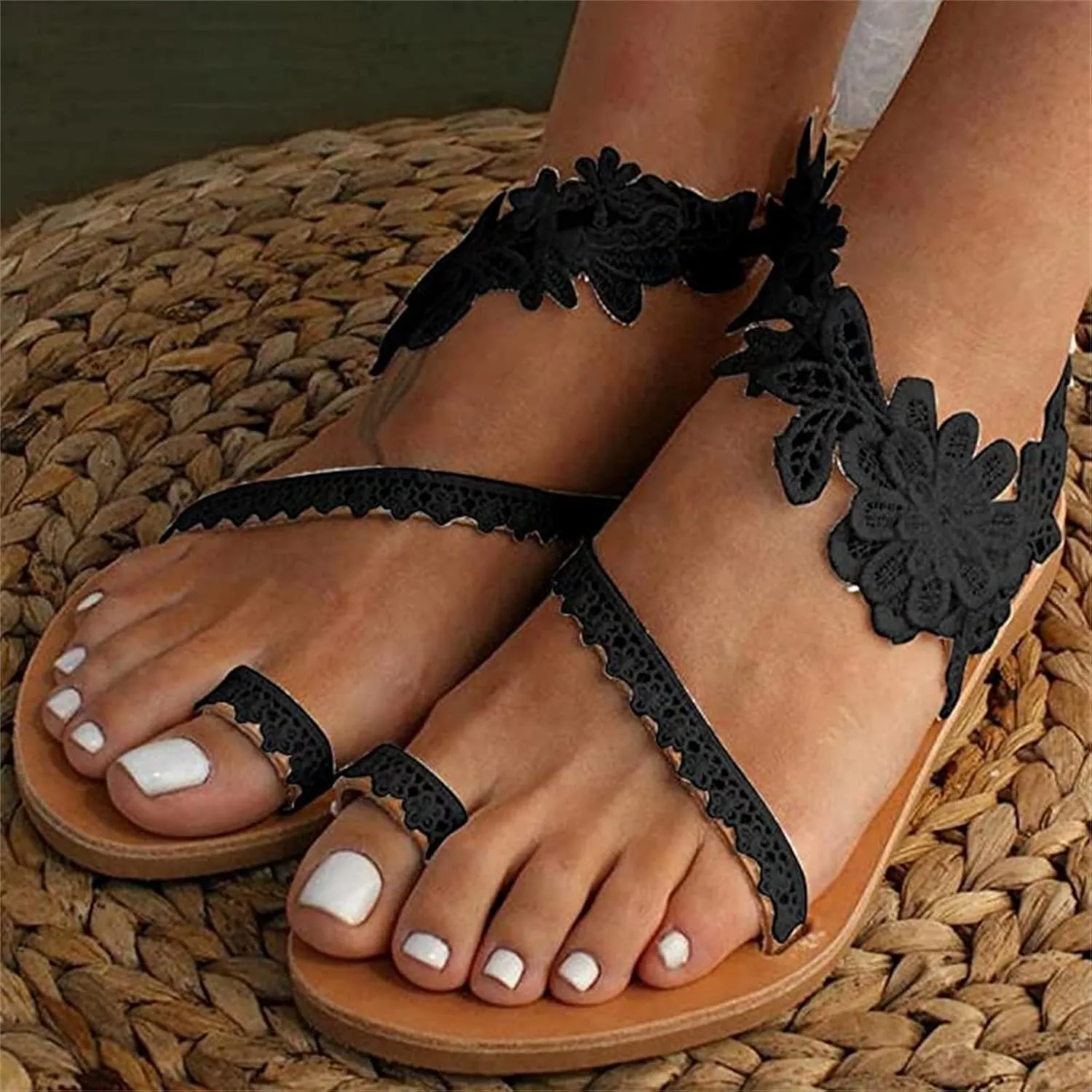 Ladmiple Sandals Women Dressy Summer Floral Beaded Open Toe Gladiator Sandal Causal Beach Travel Slippers Flats Shoes