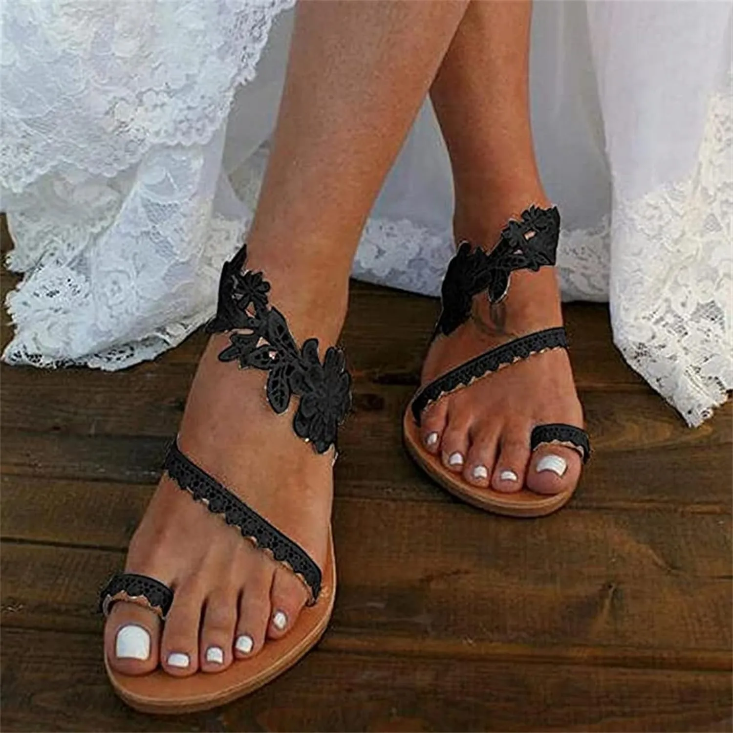 Ladmiple Sandals Women Dressy Summer Floral Beaded Open Toe Gladiator Sandal Causal Beach Travel Slippers Flats Shoes