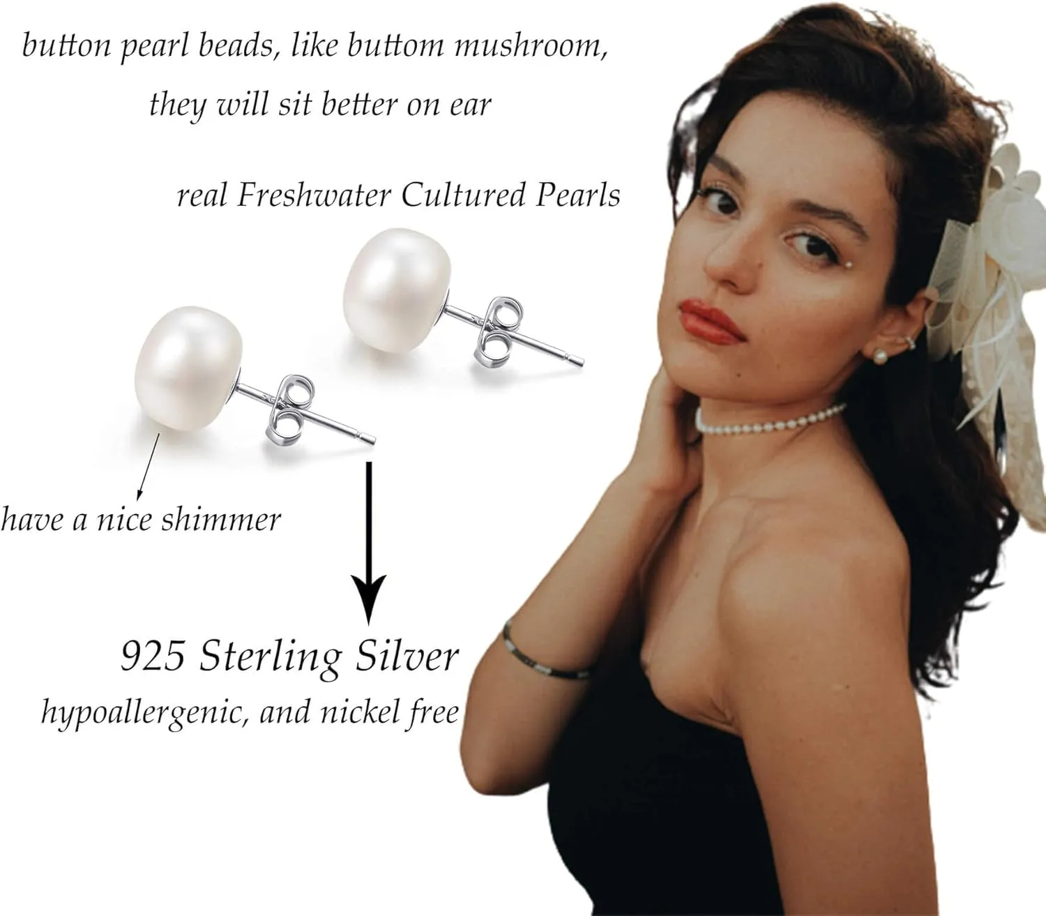 Lantine Pearl Stud Earrings-925 Sterling Silver Genuines Freshwater Cultured Pearl Earrings Studs For Women Size Choose