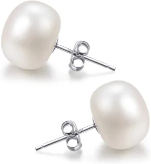 Lantine Pearl Stud Earrings-925 Sterling Silver Genuines Freshwater Cultured Pearl Earrings Studs For Women Size Choose