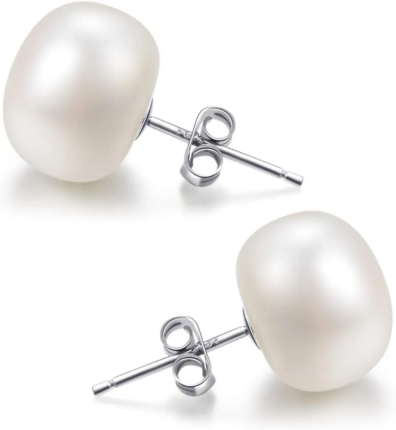 Lantine Pearl Stud Earrings-925 Sterling Silver Genuines Freshwater Cultured Pearl Earrings Studs For Women Size Choose