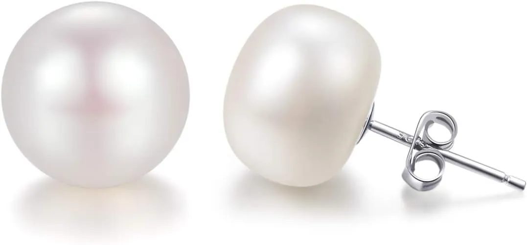 Lantine Pearl Stud Earrings-925 Sterling Silver Genuines Freshwater Cultured Pearl Earrings Studs For Women Size Choose