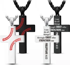 LAOYOU Baseball Cross Necklaces For Men Teenager, Stainless Steel Baseball Necklaces with Inspirational Bible Verse Quote Religious Gifts Silver/Black/Gold