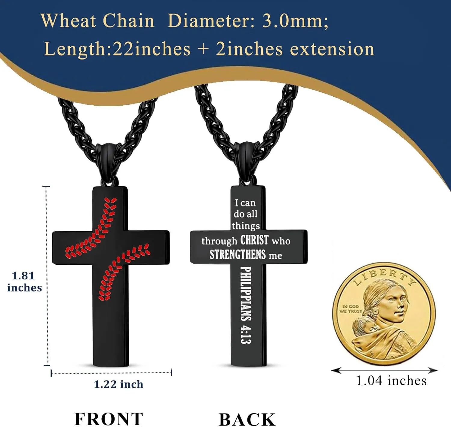 LAOYOU Baseball Cross Necklaces For Men Teenager, Stainless Steel Baseball Necklaces with Inspirational Bible Verse Quote Religious Gifts Silver/Black/Gold
