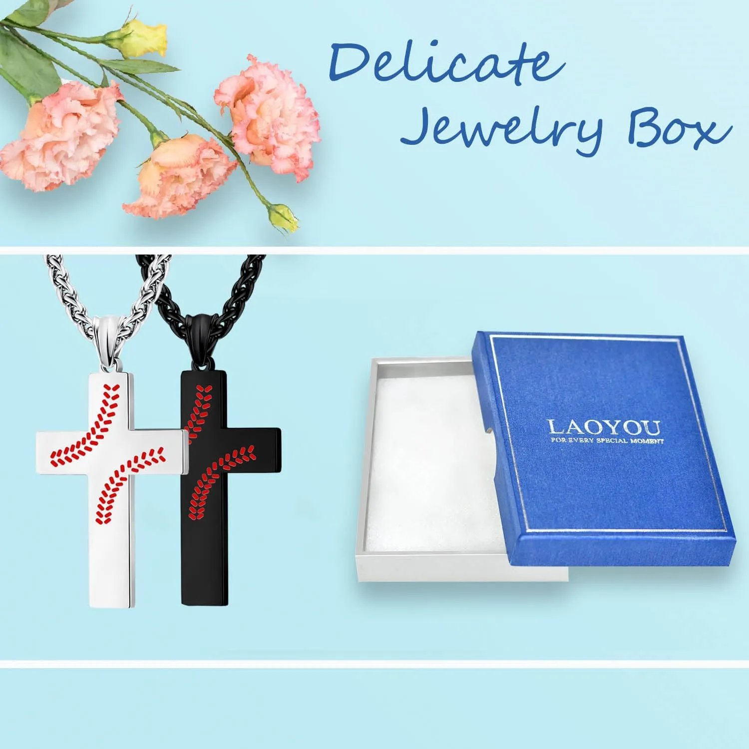 LAOYOU Baseball Cross Necklaces For Men Teenager, Stainless Steel Baseball Necklaces with Inspirational Bible Verse Quote Religious Gifts Silver/Black/Gold