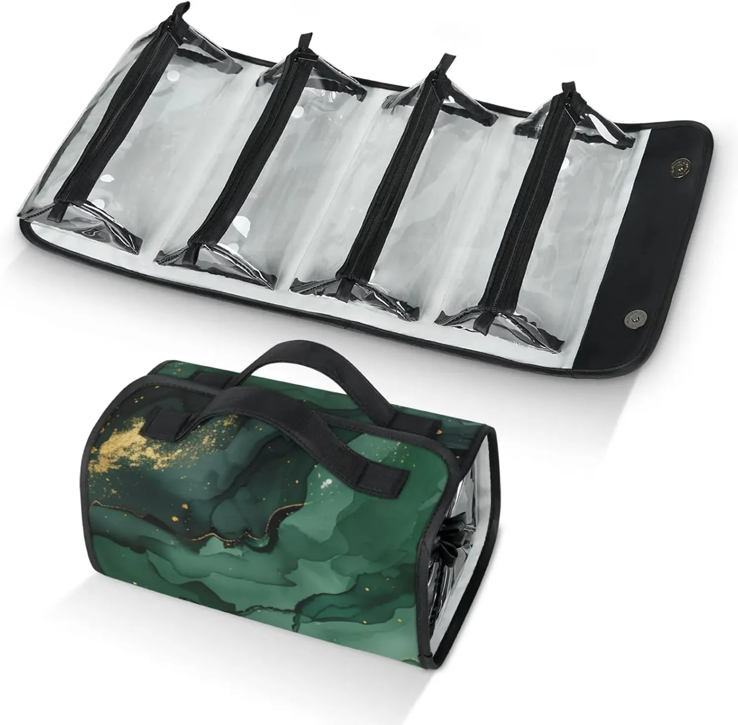 Large Capacity 4-in-1 Hanging Travel Toiletry Bag Storage Organizer With 4 Detachable Removable Zipper Clear Pouches Black Green Marble