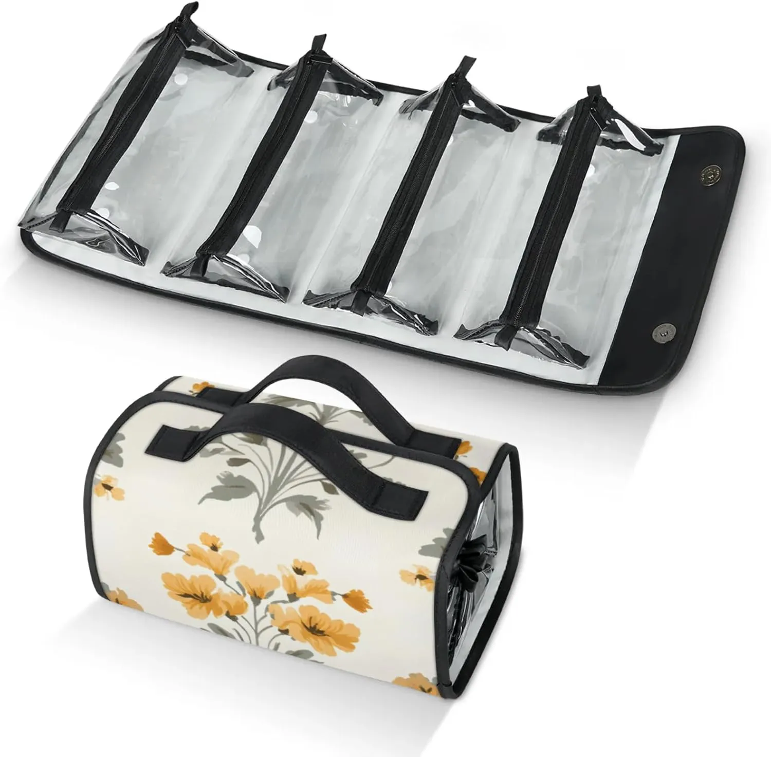 Large Capacity 4-in-1 Hanging Travel Toiletry Bag Storage Organizer With 4 Detachable Removable Zipper Clear Pouches Flower Pattern