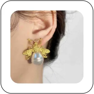 Large Pearl Bee Earrings White Baroque Pearl Earrings Cute Honeybee Stud Earrings Bumble Bee Dangle Earrings Insect Bee Gold Earrings Jewelry for Women