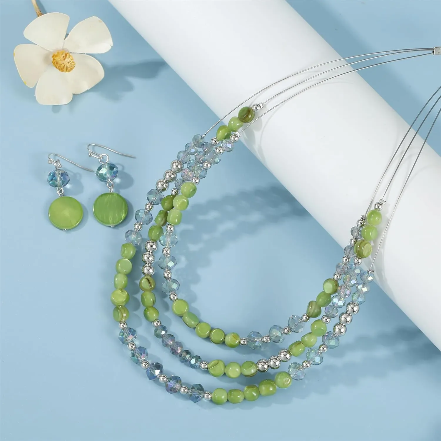 Layered Beaded Statement Necklaces with Earrings Multi Strand Crystal Beads Choker Necklaces for Women Fashion Costume Jewelry Party Gifts
