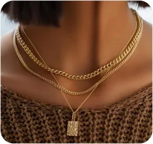 Layered Gold Geometric Pendant Necklaces for Women,Trendy Punk Statement Necklaces Chunky Chain Stackable Necklace,Charm Birthday Party Jewelry Gifts
