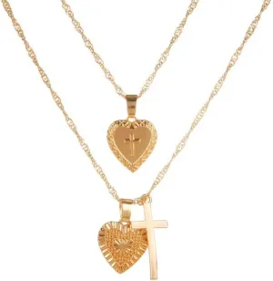 Layered Gold Necklaces for Women,2pcs Stackable Dainty Gold Plated Trendy Heart,Cross Pendant Necklace,Fashion Simple Choker Necklaces Jewelry Gifts