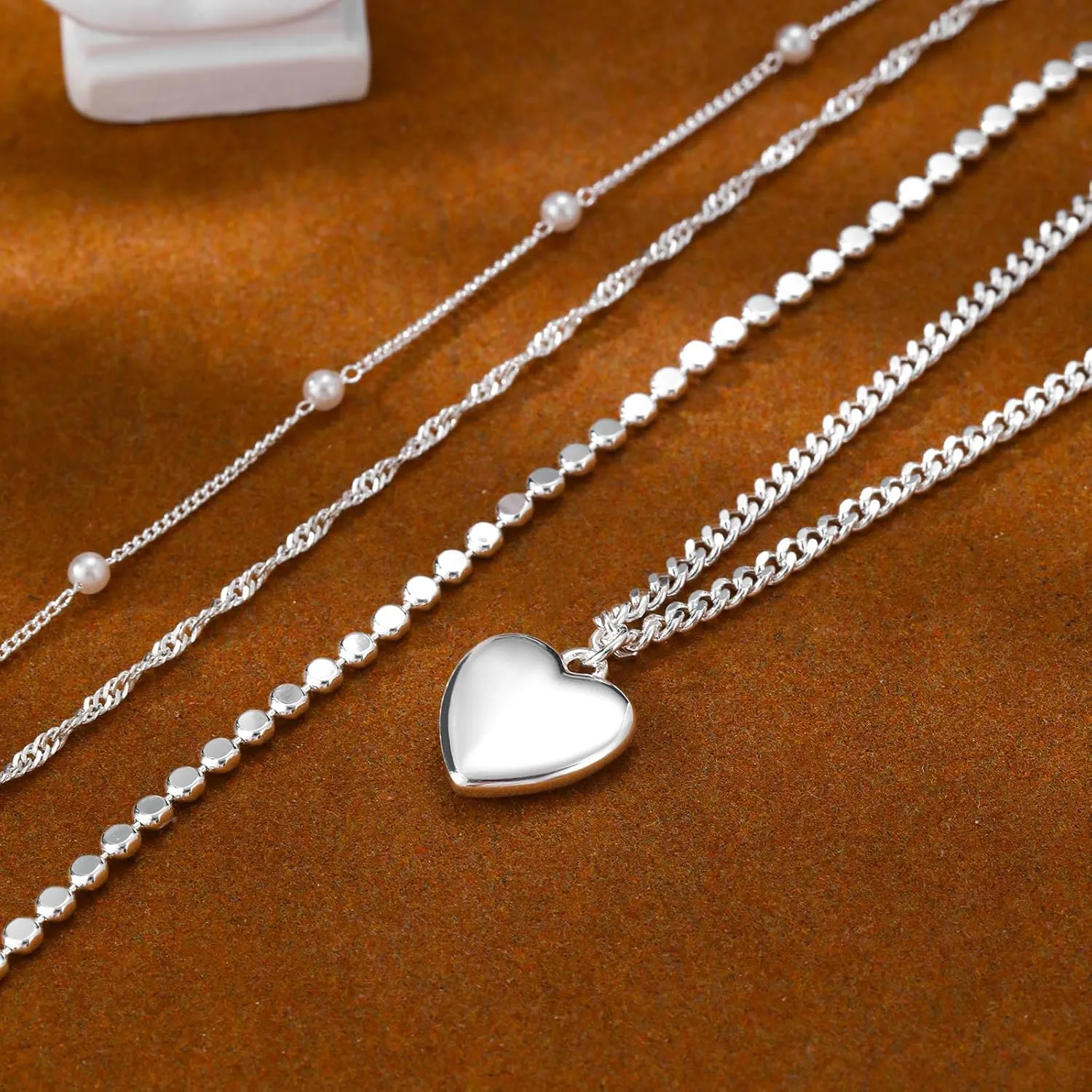 Layered Necklaces for Women,14K Gold/Silver Necklace Set Simple Layered Necklaces Herringbone Twisted Lip Chain Dainty Pendant Necklace Jewelry