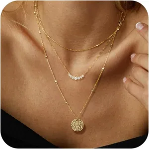 Layered Necklaces for Women,14K Gold/Silver Necklace Set Simple Layered Necklaces Herringbone Twisted Lip Chain Dainty Pendant Necklace Jewelry