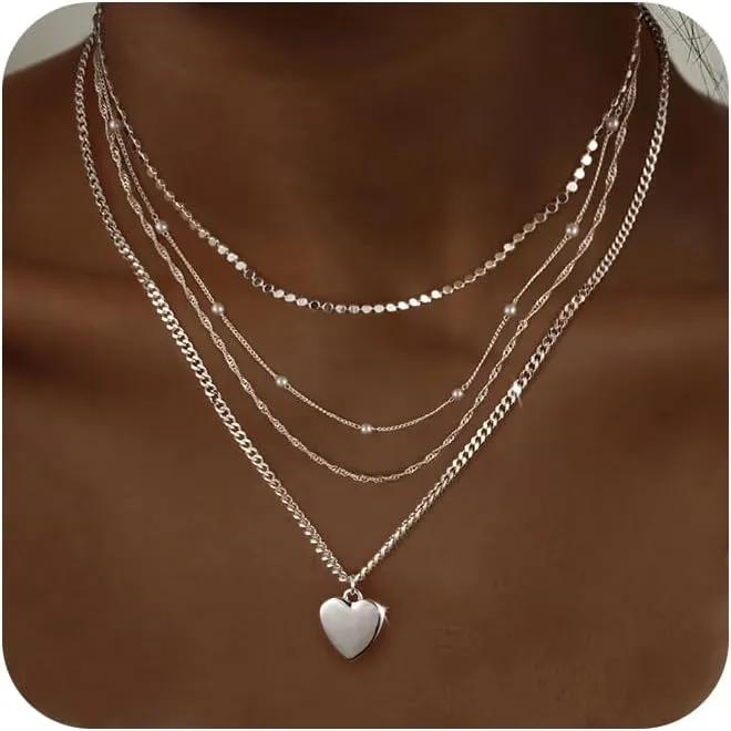 Layered Necklaces for Women,14K Gold/Silver Necklace Set Simple Layered Necklaces Herringbone Twisted Lip Chain Dainty Pendant Necklace Jewelry