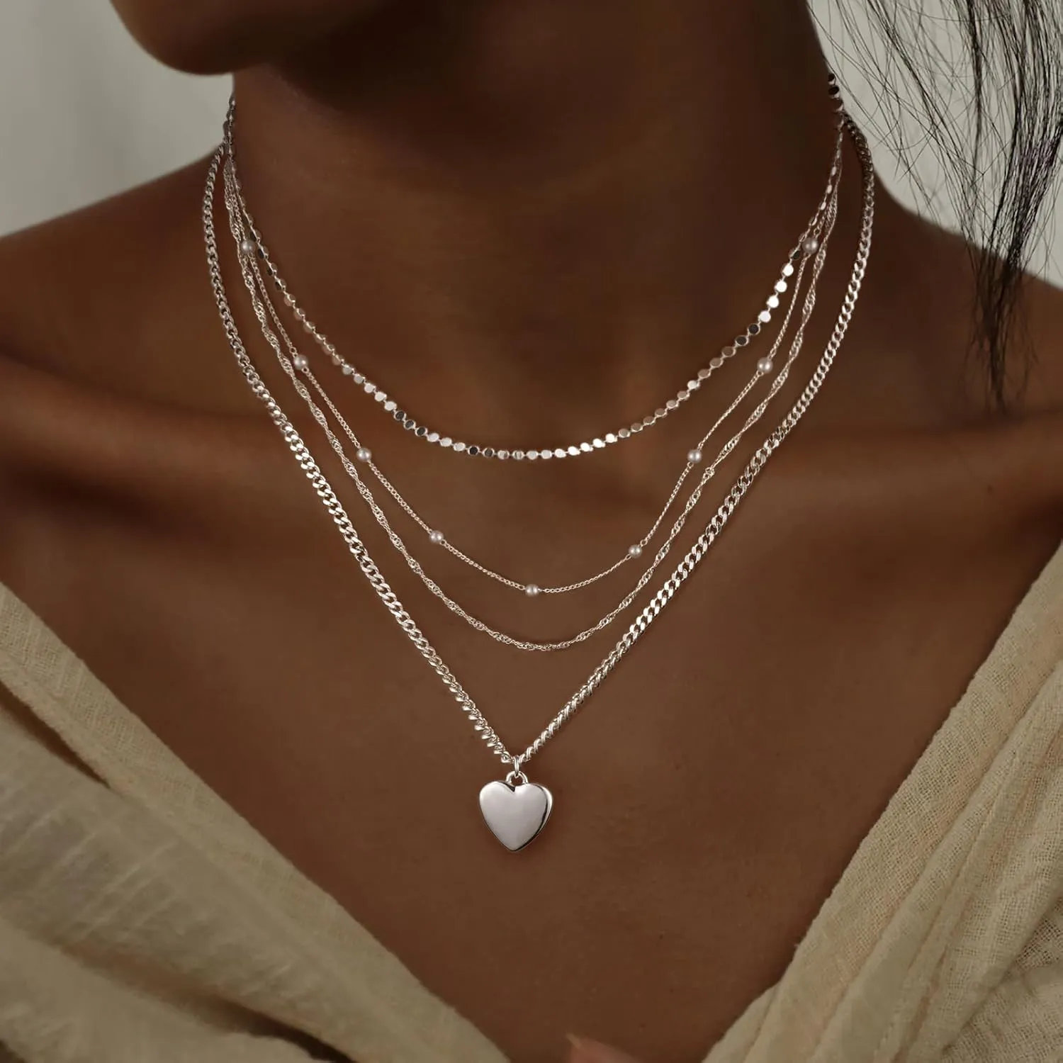 Layered Necklaces for Women,14K Gold/Silver Necklace Set Simple Layered Necklaces Herringbone Twisted Lip Chain Dainty Pendant Necklace Jewelry