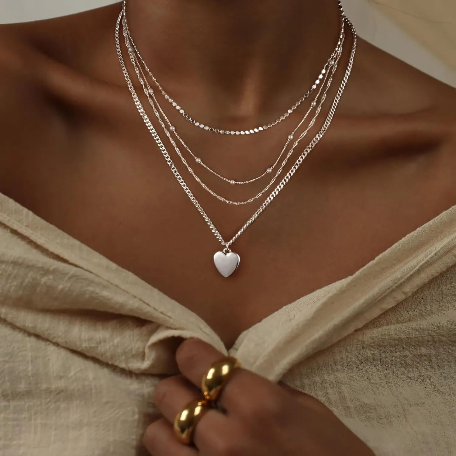 Layered Necklaces for Women,14K Gold/Silver Necklace Set Simple Layered Necklaces Herringbone Twisted Lip Chain Dainty Pendant Necklace Jewelry