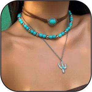 Layered Western Necklaces for Women Boho Turquoise Beaded Necklace Cowboy hat Necklace Vintage Leather Necklaces Country Concert Cowgirl Dresses Accessories