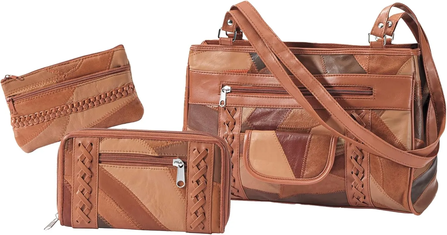 Leather 3-Piece Bag Set for Women, Brown Handbag, Wallet, and Matching Coin Purse, Ladies Patchwork Leather Shoulder Bag