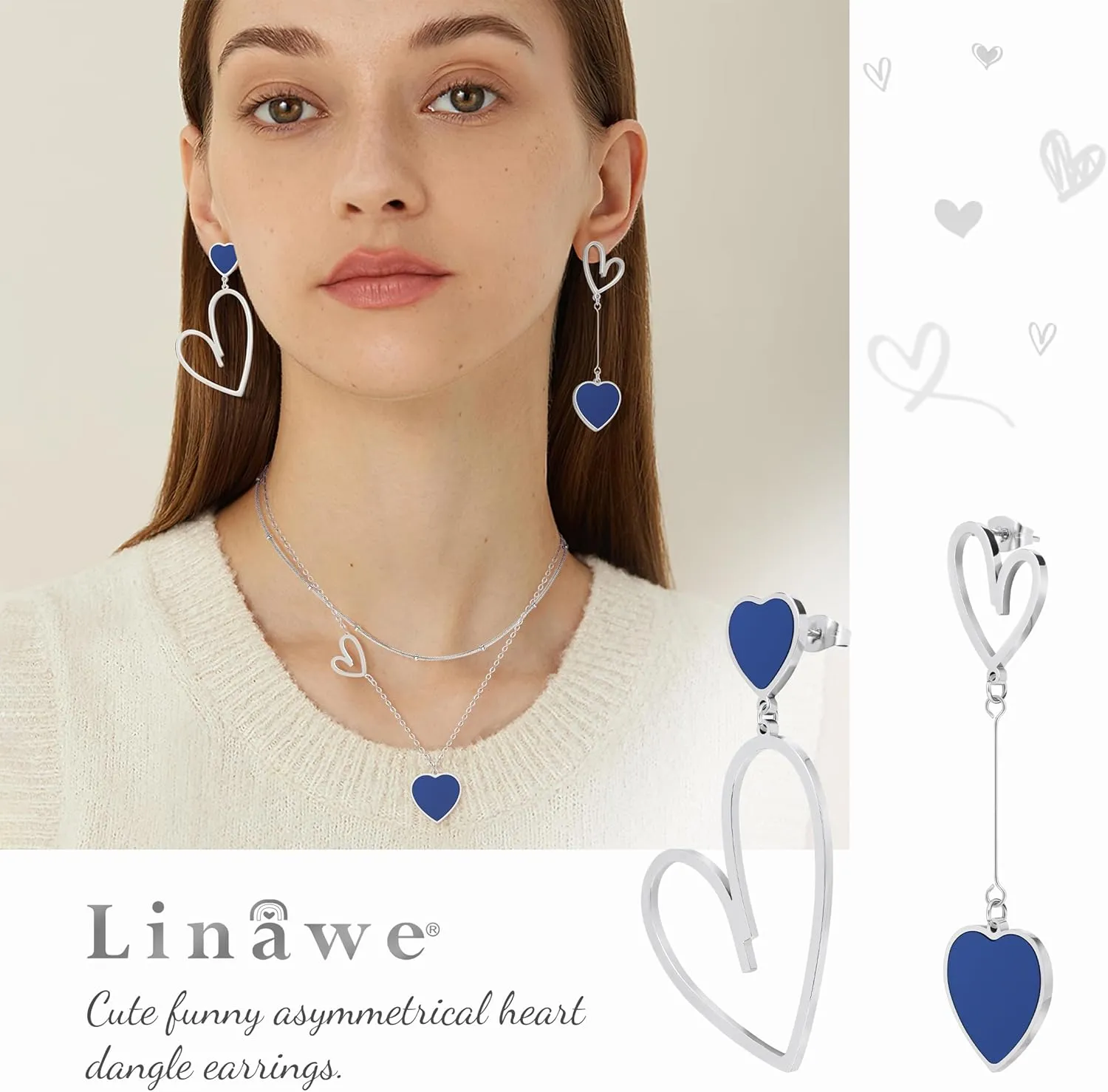 Linawe Titanium Stainless Steel Heart Dangle Earrings for Women - Trendy, Gold/Silver/Rose Gold Big Drop, Mismatched Love, Asymmetrical