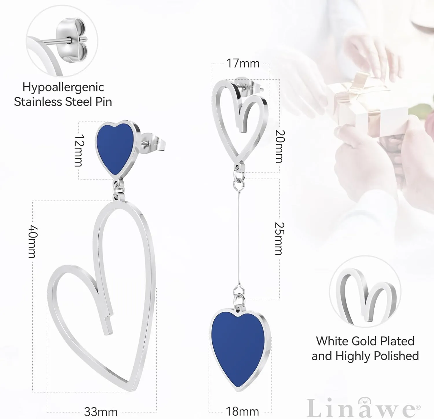 Linawe Titanium Stainless Steel Heart Dangle Earrings for Women - Trendy, Gold/Silver/Rose Gold Big Drop, Mismatched Love, Asymmetrical
