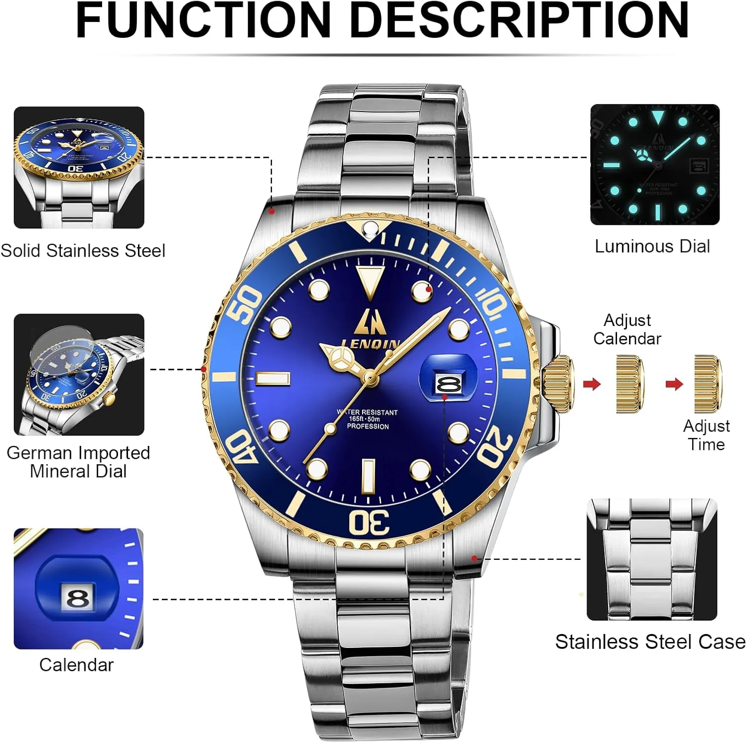 LN LENQIN Mens Watches Stainless Steel Waterproof Analog Quartz Watch for Men with Date Luminous Fashion Wristwatch